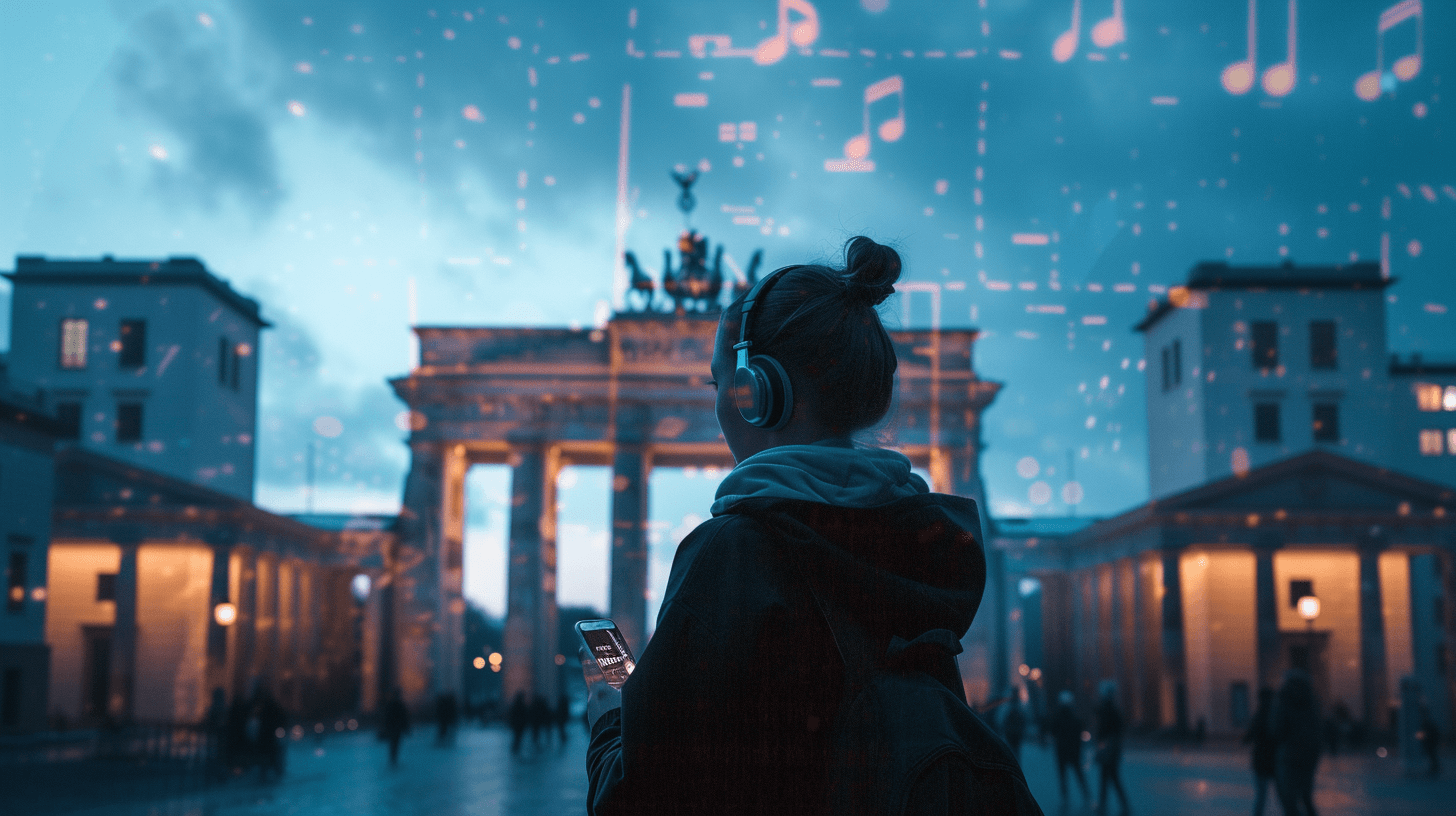 A girl in Berlin in front of the Brandenburger Gate, she is using Explory, the free audio guide tour app for Berlin