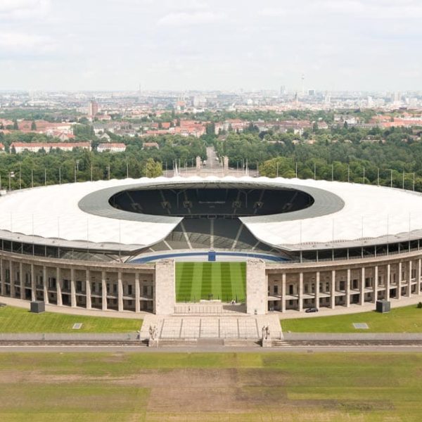 BERLIN, GERMANY - JUNE 28, 2012: Aerial view of the Olympia Stadium, built for the 1936 Summer Olympics. Taken from the top of the tower in the Olympic Park. Berlin, Germany